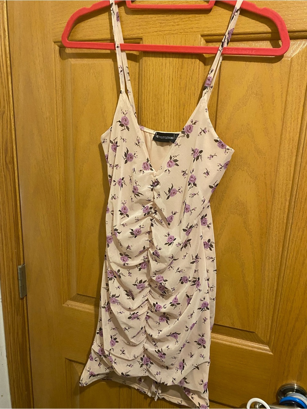 PrettyLittleThing Cream Mini Dress with Purple Rose Print